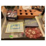 Wooden shelf, ball cards, picture