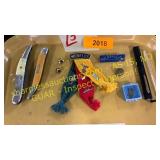 Boy Scout Badges, vintage thermometers, knives