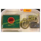 3 cigarette tins, belt buckles, beaded belt