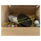 Box of misc items, weight, headlight bulb, oils
