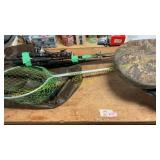 Fishing poles, net, cushion & miscellaneous