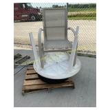 Patio chair, plastic table, stand