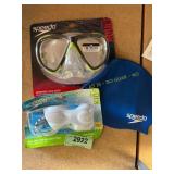 Speedo adult swim mask, shark goggles & swim cap
