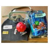 Speedo swimcap, arm floaties, swim mask & ball