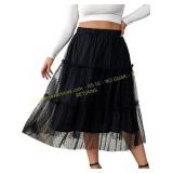 Plus Heart Print Mesh Frill Midi Skirt 2xl