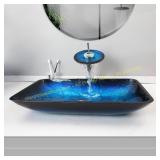 Blue Glass Vessel Sink, 22" Rectangle