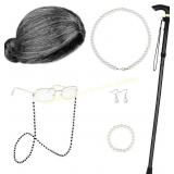 Apoway 9-Piece Old Lady Wig Set