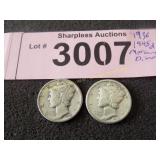 1936 and 1945 D Mercury silver dimes