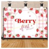 Pink Gingham Berry 1st Birthday Backdrop