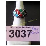 Simulated ruby, emerald and turquoise ring  Size