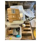 Plastic totes, clothing, hardware