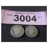 1916 and 1907 S Barber silver dimes