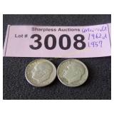 Uncirculated 1962 D and 1957 Roosevelt silver