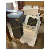 Plastic totes, speaker box, plastic totes