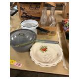Milk Bottles, Strainer, Pie Dishes, Etc