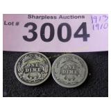 1913 and 1910 Barber silver dimes