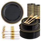 350-Pc Black/Gold Plates, Cups & Napkins Set