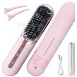 Cordless Hair Straightener Brush, Pink, shower cap