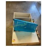 Wooden shelf, plastic tote