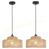 2 Pack Rattan Pendant Light, 11" Boho Fixture