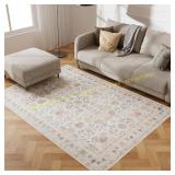 Beige 5x7 Washable Low-Pile Faux Wool Rug