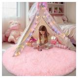 Pink Round Rug, 4ft Shag Circle Area Carpet