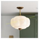 Milk Glass Ceiling Light - Antique Brass 15"