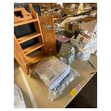 Wooden shelf, box of real hair wigs. & misc