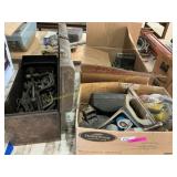 Metal tool box and tools, radios, hardware