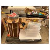 Brooms, plastic totes, hardware