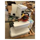 Plastic totes, pool pumps, leaf blower
