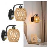 Boho Rattan Wall Sconces, Set of Two, E26