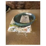 Green salad plate & flower patterned cloth