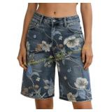 Floral Bermuda Jean Shorts, High Waist Denim Sz L