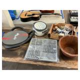 Batteries, pans, filters, wooden bowl, pan
