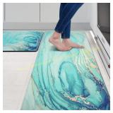 MAYHMYO Kitchen Rugs Set of 2 Teal Marble Mats