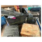 Tool boxes, tile saw, basket, hard hats