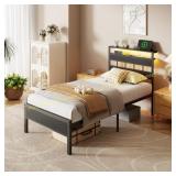 Furnulem Bed Frame with Shelves - Black Twin