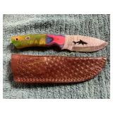Damascus Etched Hunting Knife with Sheath