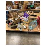 Wooden shelf, birdcage lamp, & more