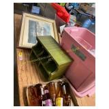 Framed paintings, wooden shelf, & more