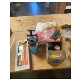 Box of coffee mugs, 2 chalk holders, & more