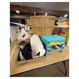 Box of sport cards, step stool, & misc