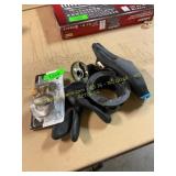Large black gloves, one sided deadbolt, & misc