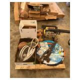 Snow thrower, chain binders, water hose, bucket
