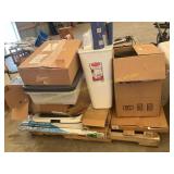 Trash, plastic tote, baby gate