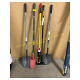 Assorted shovels,Rubbermaid spray mop,tension rod