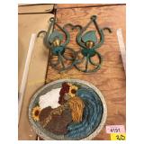 Rooster decor & 2 green candle wall holders