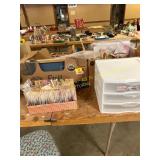 Box of embroidery floss, supply holder, & more