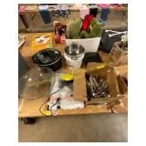 Box of silverware, waffle maker, & more